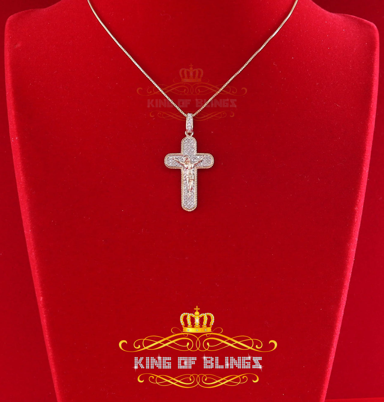 King Of Bling's Real 0.33ct Diamond 925 Sterling Silver CROSS Charm Necklace Yellow Pendant