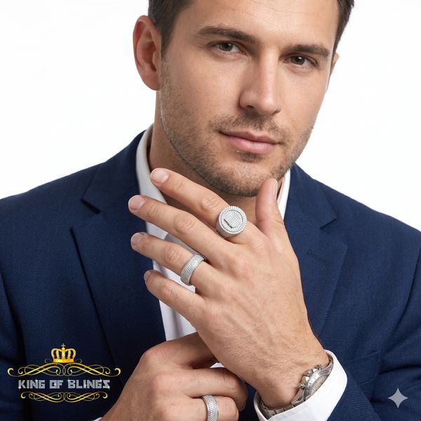 King Of Bling'sWhite Sterling Silver11.50ct Cubic Zirconia Men's Adjustable Ring From SZ 9 to11