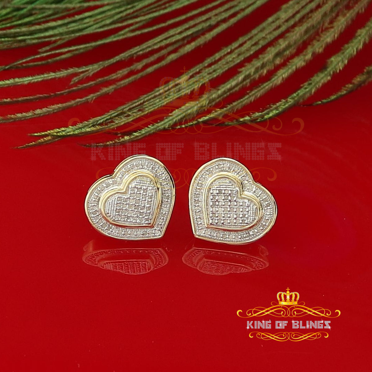 King Of Bling's Aretes Para Hombre Heart 925 Yellow Silver 0.33ct Diamond Women's Style Earrings KING OF BLINGS