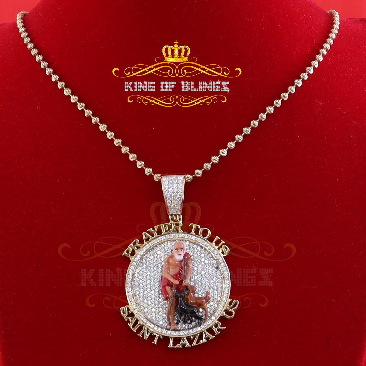 King Of Bling's 5.0ct Moissanite Sterling Silver Enamel SAINT LAZARUS Yellow Pendant for He/She KING OF BLINGS