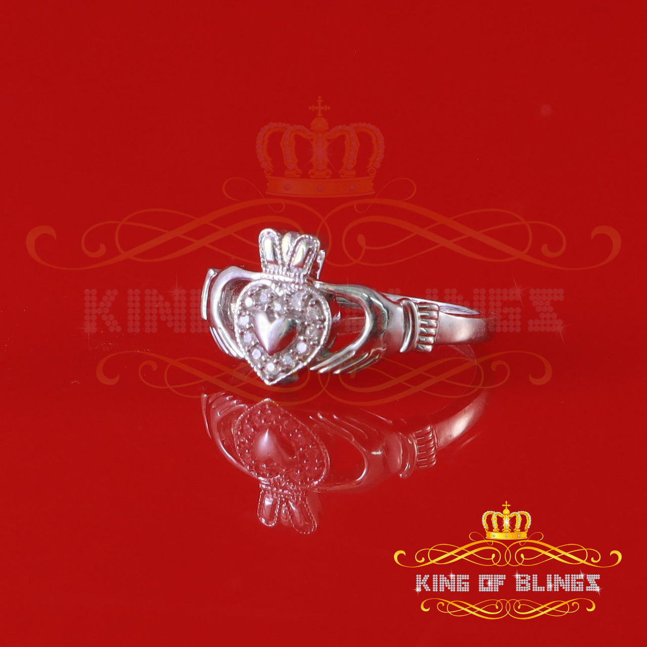 King Of Bling'sSterling White Silver 0.16ct Cubic Zirconia Claddagh Heart Crown Women Ring SZ 7