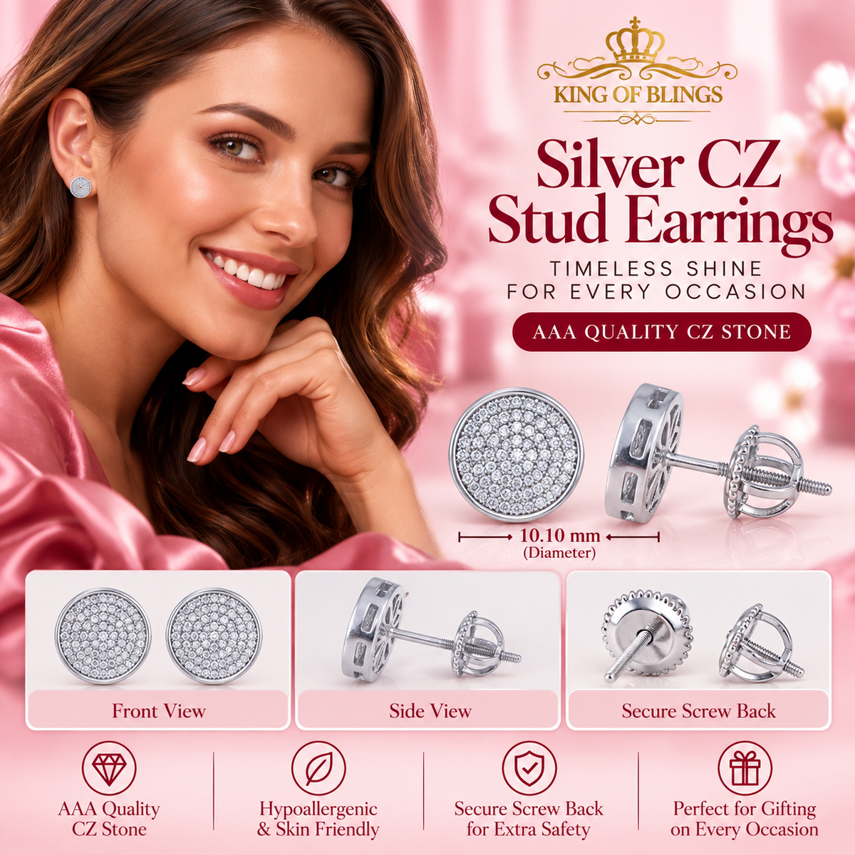King of Bling's 0.78ct Cubic Zirconia 925 White Silver Women's & Men's Hip Hop Round Earrings KING OF BLINGS