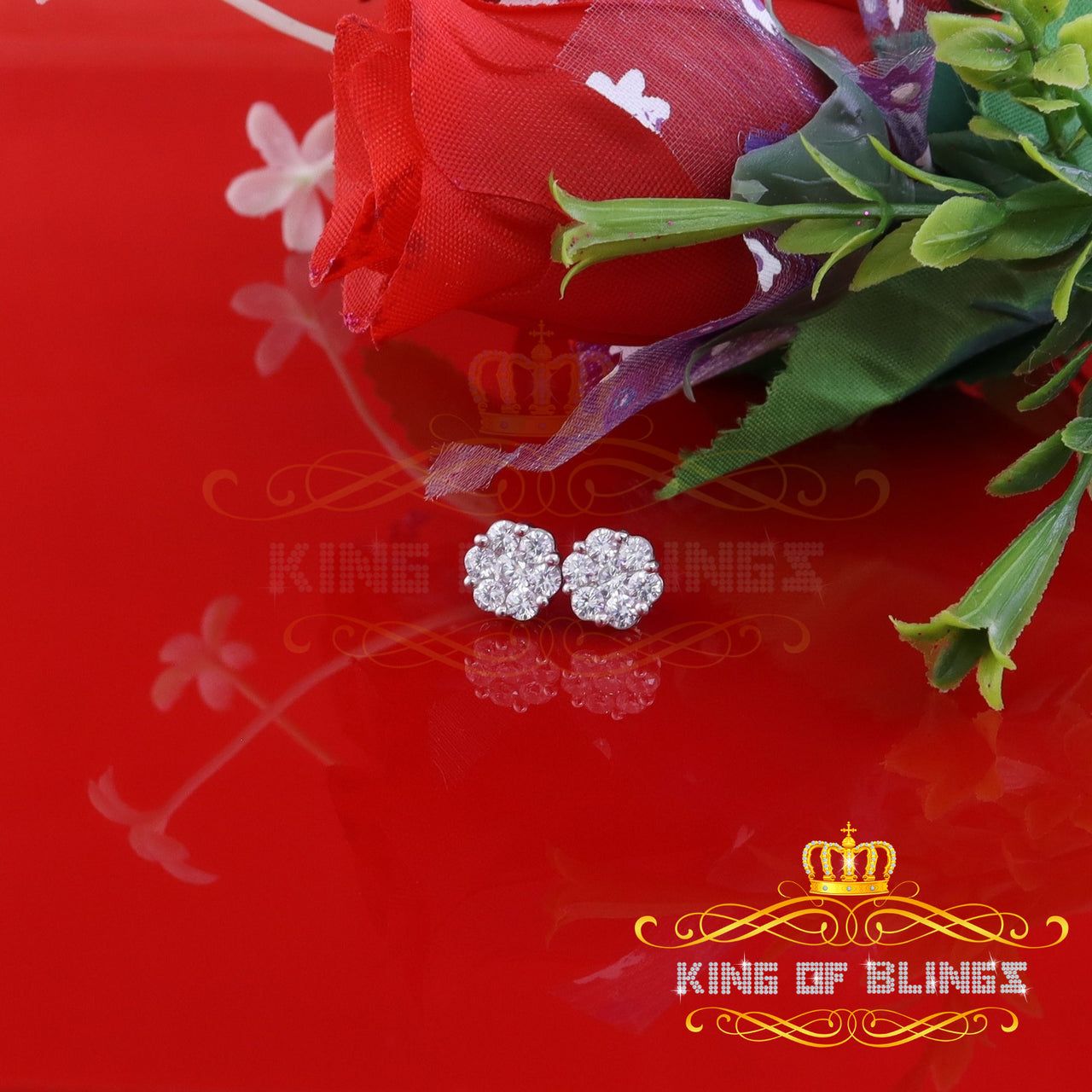 King of Blings- 925 Sterling White Silver 3.00ct Diamond Women's /Men's Hip Hop Flower Earrings KING OF BLINGS