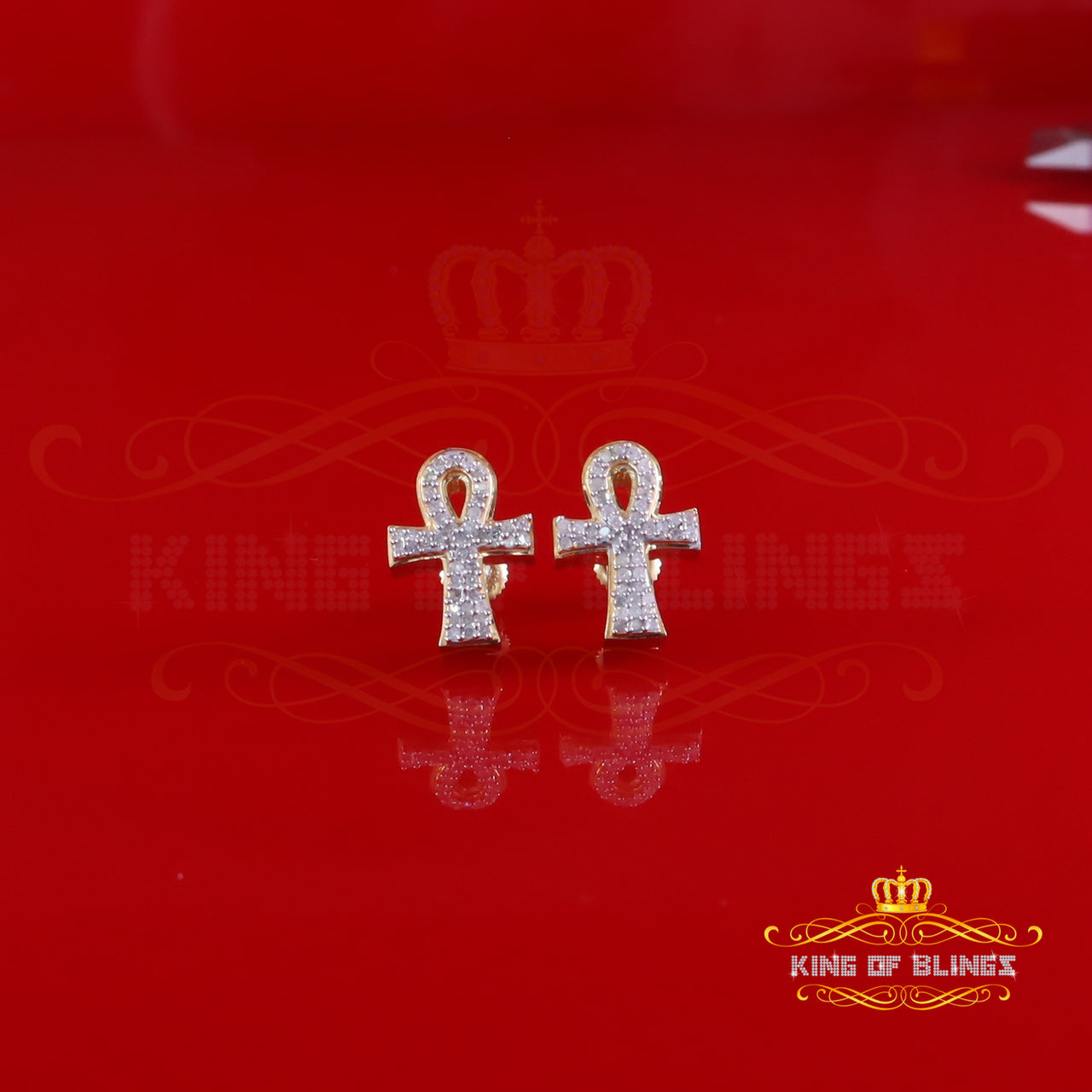 King of Blings-0.40ct Diamond 925 Sterling Silver Yellow for Men's & Women Stud ANKH Earring King of Blings