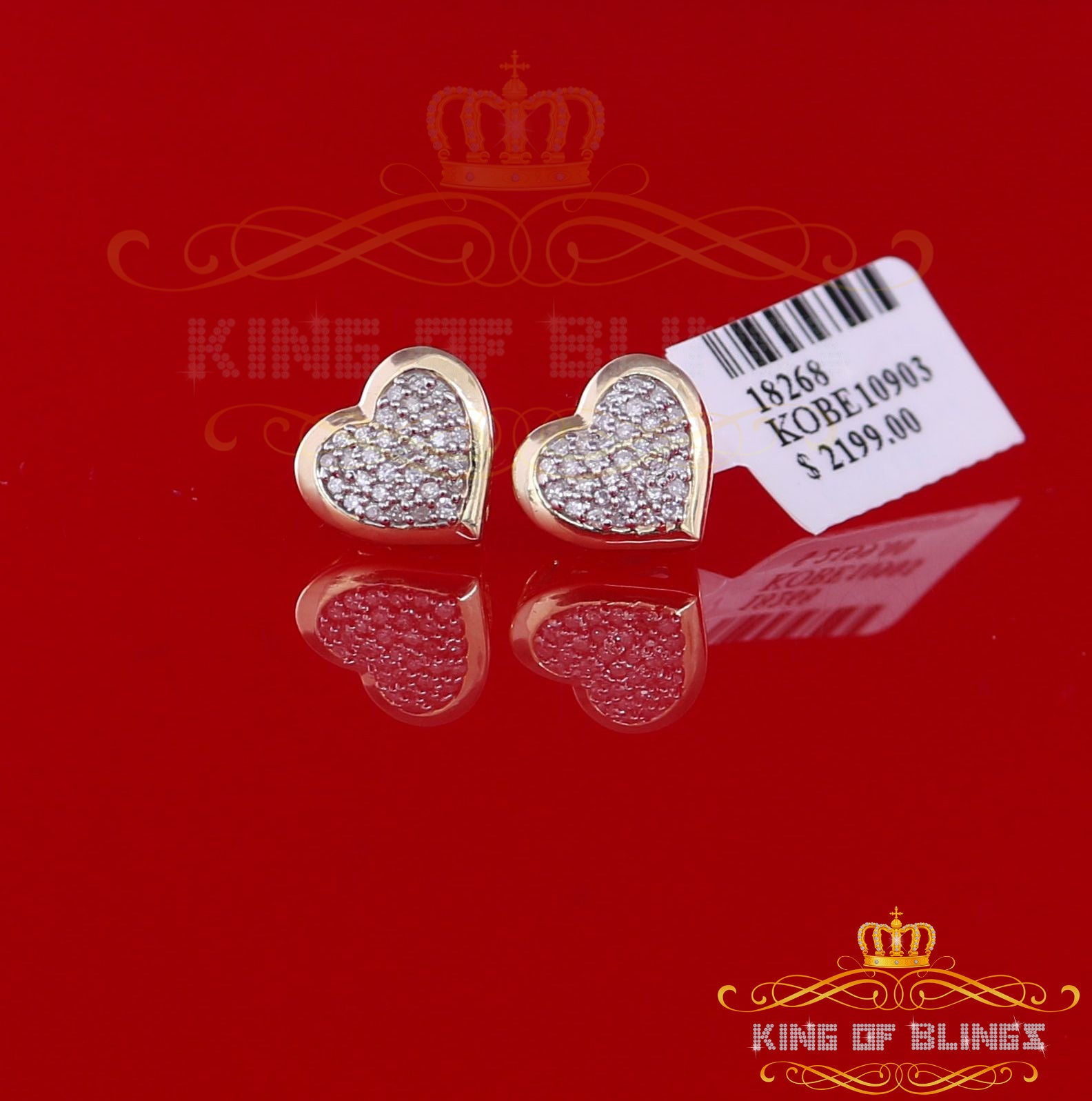 King Of Bling's 10K Real Yellow Gold Real Diamond 0.25CT Men's/Women's Stud Micro Heart Earring KING OF BLINGS