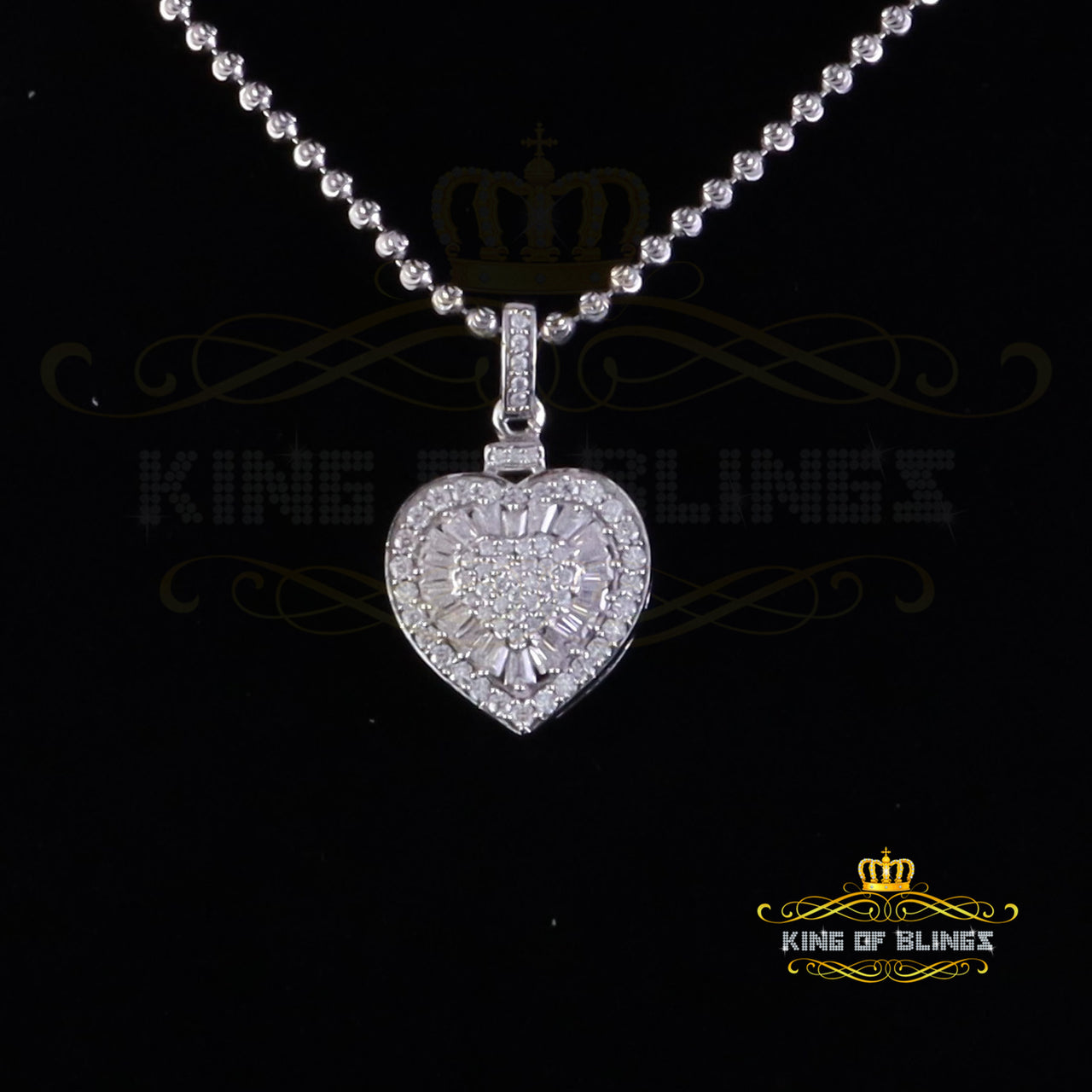 King Of Bling's 925 White Silver 1.00ct Moissanite Baguette & Round Heart Pendant for Womens KING OF BLINGS