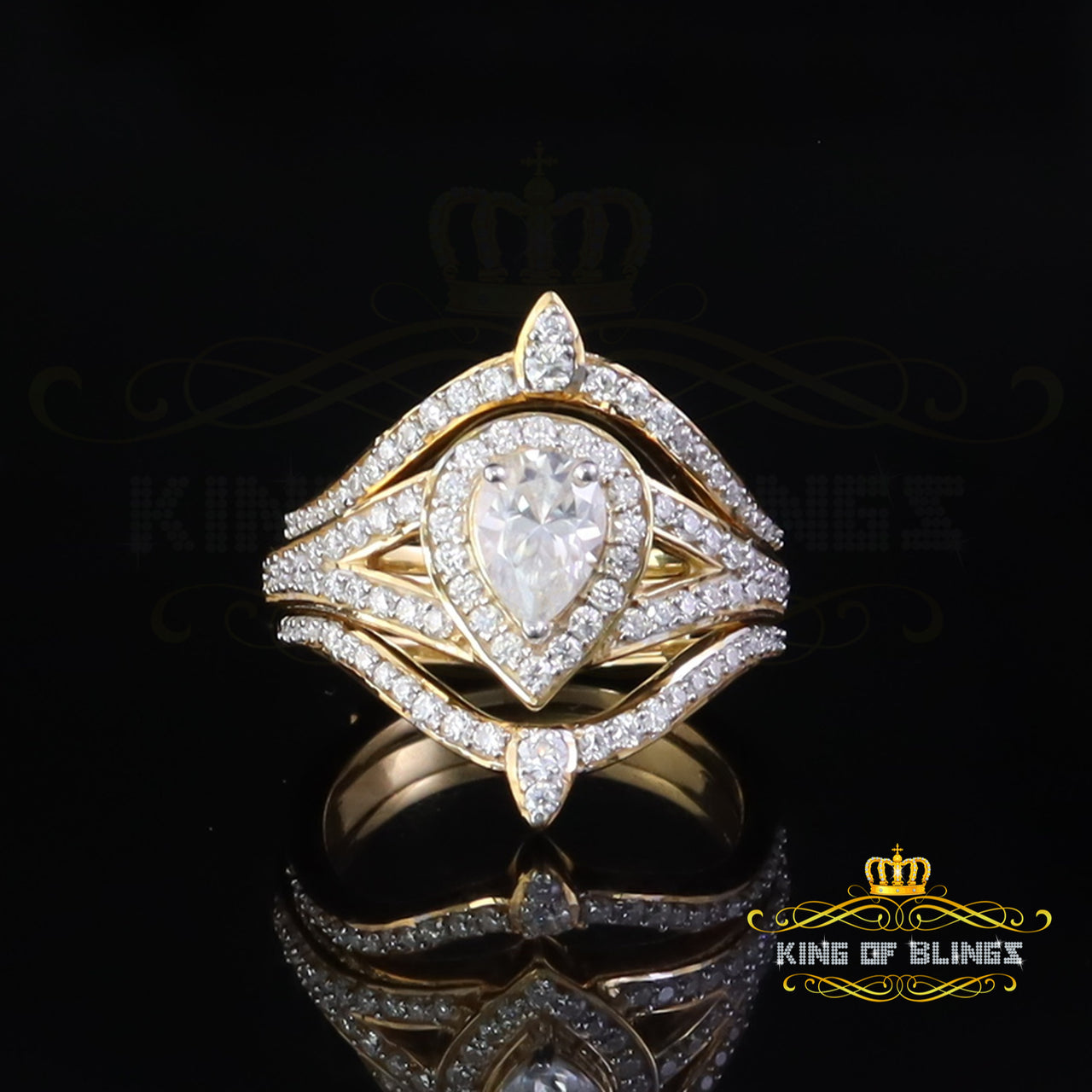 King of Bling's 925 Silver Yellow Enhancer Guard Wrap 1.75ct VVS D Pear Moissanite Ring Size 7 King of Blings