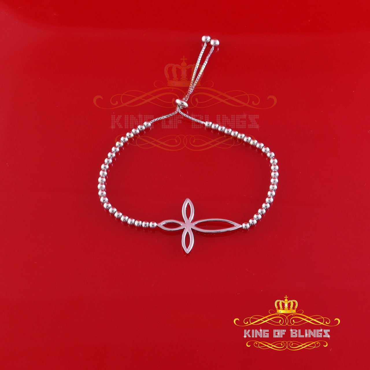 King Of Bling's Adjust Cross Pearl Style White 925 Silver Cubic Zirconia Men's/Womens Bracelet