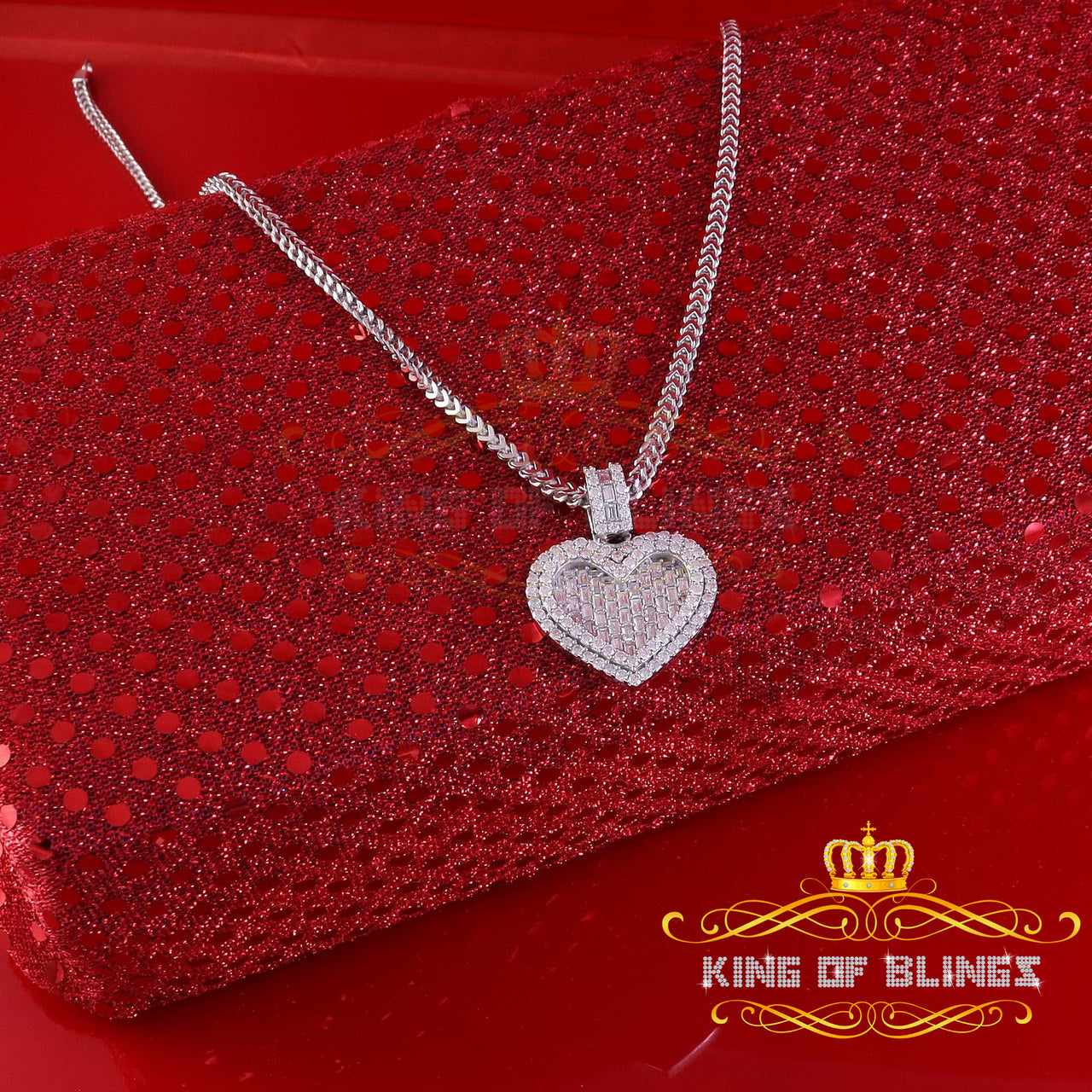 King Of Bling's Baguette 925 Silver White Heart Pendant 7.50ct VVS D Clr Moissanite for Women's