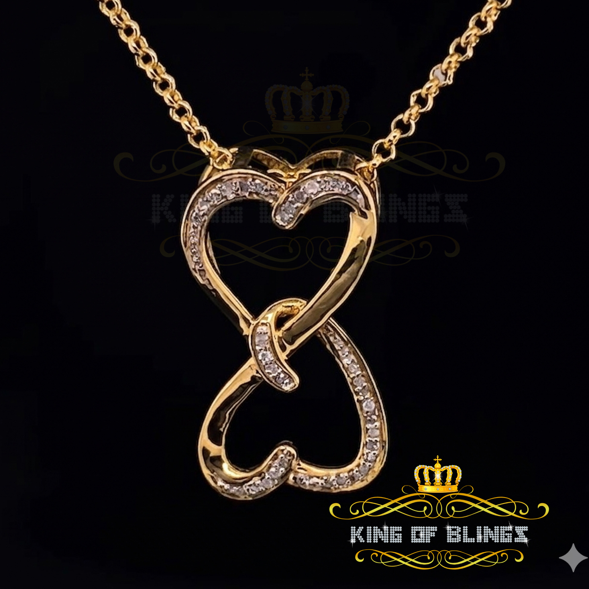King Of Bling's Real 0.15 ct Diamond Sterling Silver Double Heart Charm Necklace Yellow Pendant KING OF BLINGS