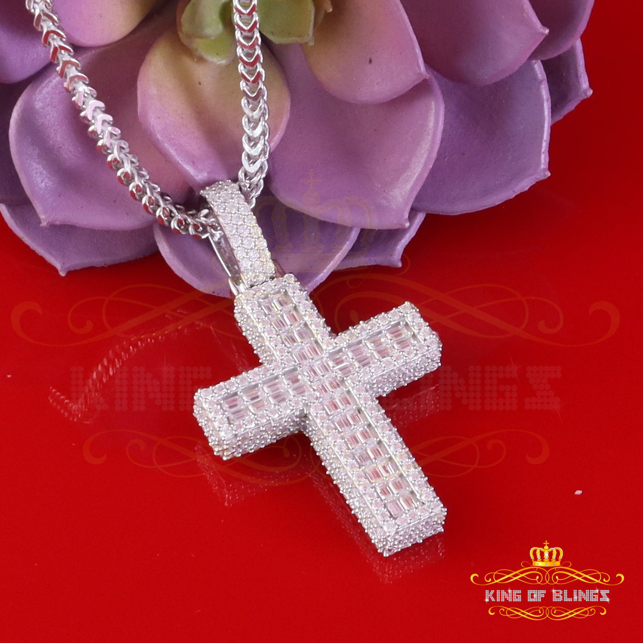 King Of Bling's Men/ Women 925 Sterling white Silver 7.50ct VVS D Clr.Moissanite Cross Pendant KING OF BLINGS