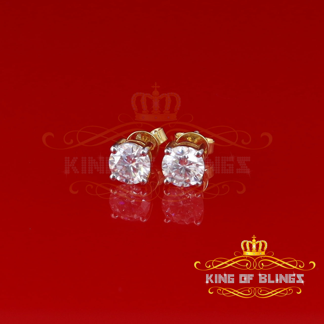 King Of Bling's 10K Real Yellow Gold with 2.00ct Round VVS 'D' Color Moissanite Stud Earrings