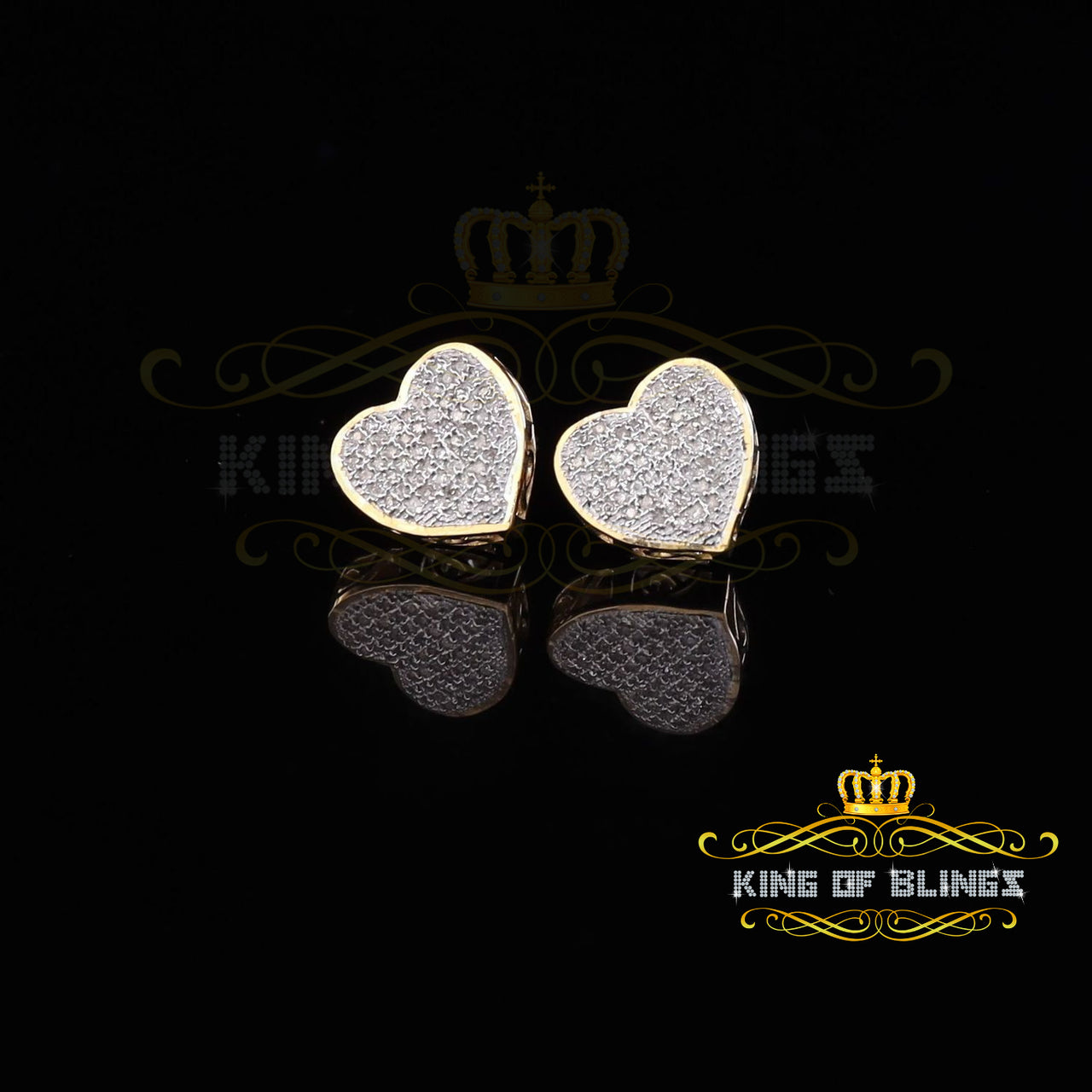 King of Blings-Micro Pave 0.25ct Real Diamonds 925 Yellow Silver Women's & Men's Heart Earrings
