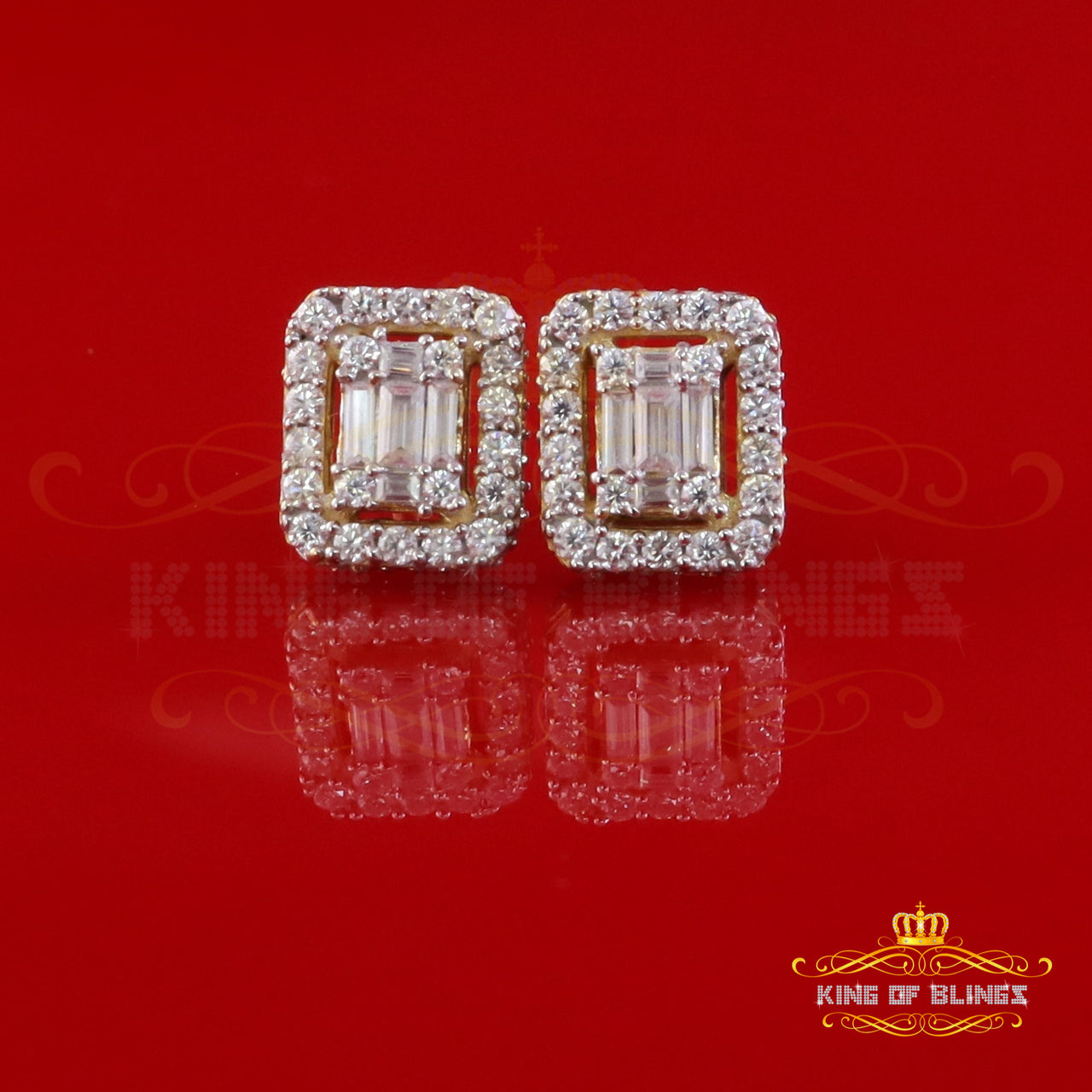 King  of Bling's 925 Yellow Silver 1.25ct VVS 'D' Moissanite Square Stud Earring Men's/Womens King of Blings