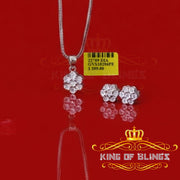 King of Bling's 925 White Silver 0.33W CTW Genuine Diamond Round Floral Pendant & Earrings Set King of Blings