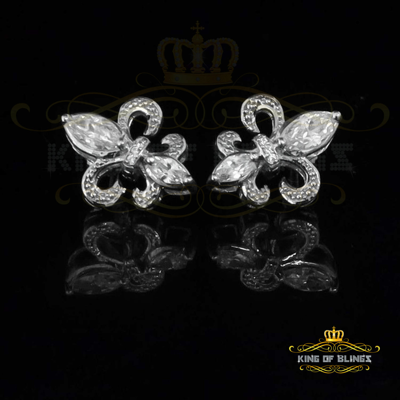King of Blings- 925 White Silver Ladies Fleur de Lis Screw Back 2.43ct Cubic Zirconia Earrings KING OF BLINGS