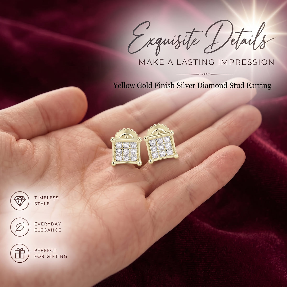King Of Bling's 925 Sterling Silver 0.05ct Genuine Diamond Women's & Men's Yellow Square Earring KING OF BLINGS