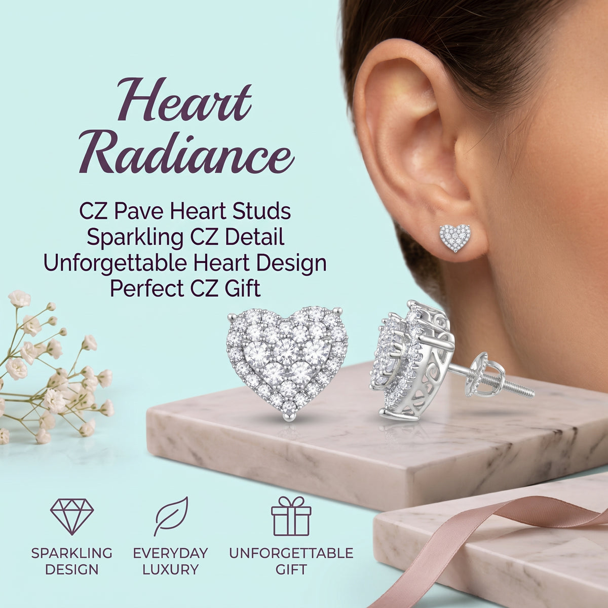 King of Bling's Aretes Para Hombre 925 White Silver 1.64ct Cubic Zirconia Heart Women's Earrings KING OF BLINGS