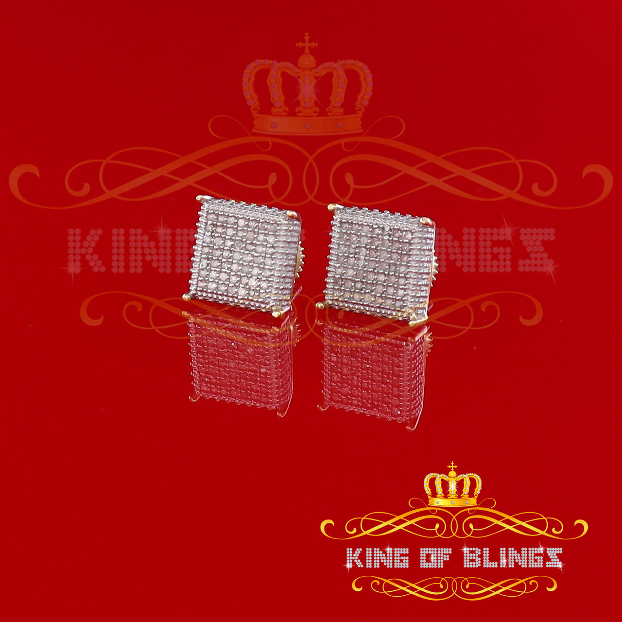 King of Blings-925 Sterling Square-Shape Yellow Silver 0.25ct Diamond Women's /Men's Earrings