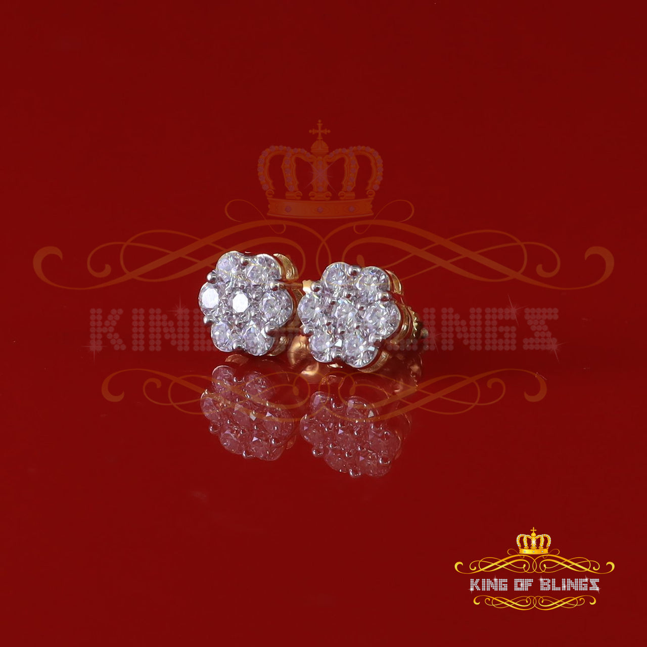 King Of Bling's Stud FLORAL Earrings 10k Real Yellow Gold 1.50ct Vvs 'D' Color Real Moissanite