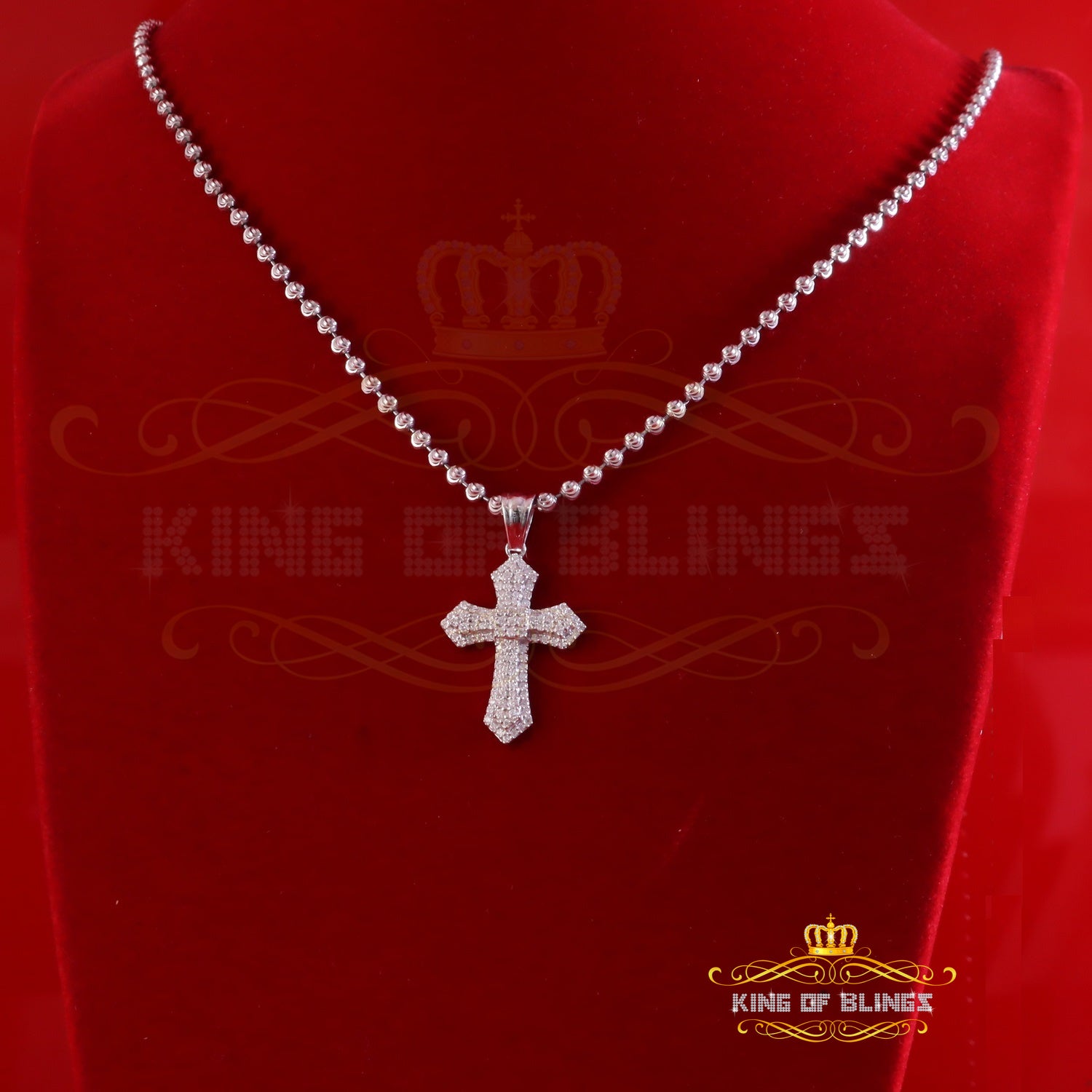 King Of Bling's New Pantone 925 White Sterling Silver 1.00ct VVS D Clr. Moissanite Cross Pendant KING OF BLINGS