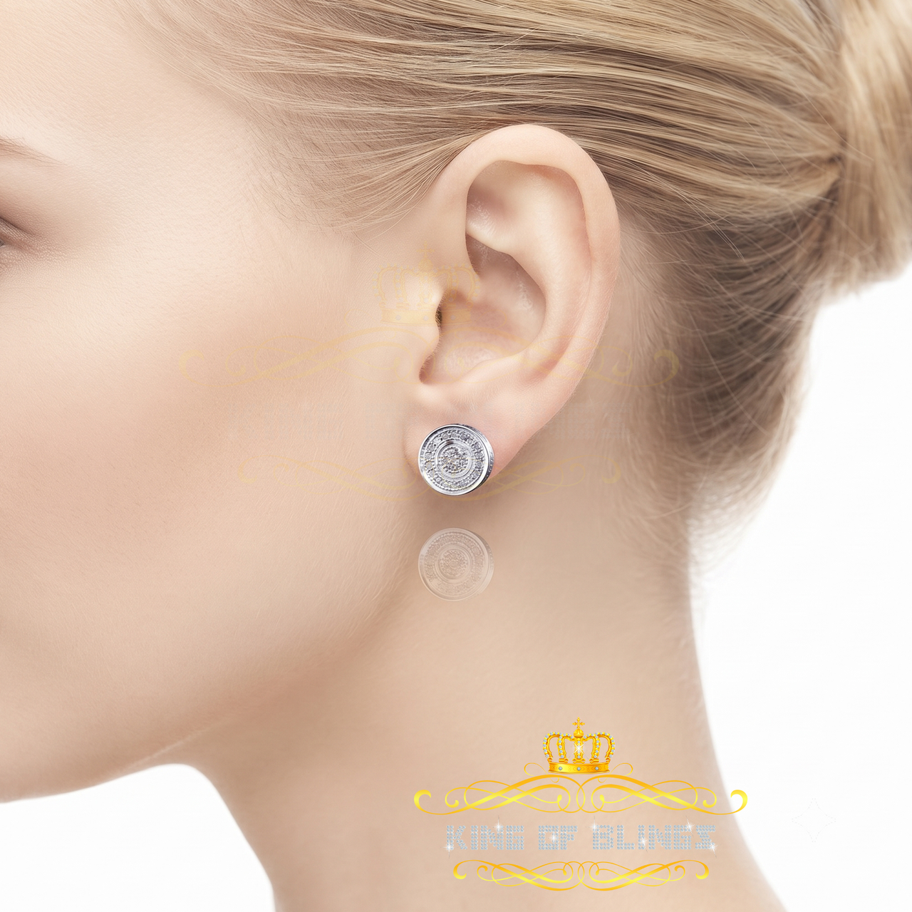 King Of Bling's 0.10ct Diamond 925 Sterling Silver White For Men's / Women's Round Style Earring KING OF BLINGS