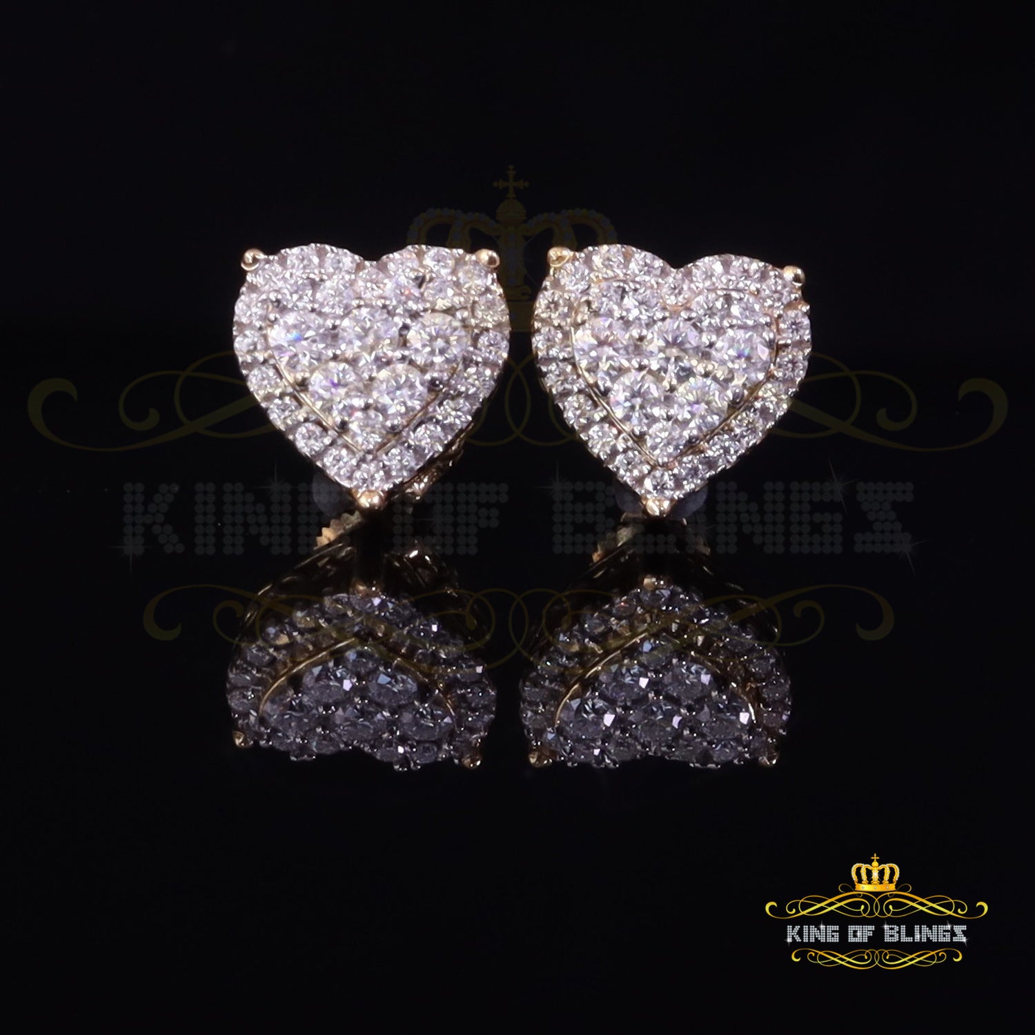 King  of Bling's Men's/Womens 925 Silver Yellow 1.00ct VVS 'D' Moissanite 3D Heart Stud Earrings KING OF BLINGS