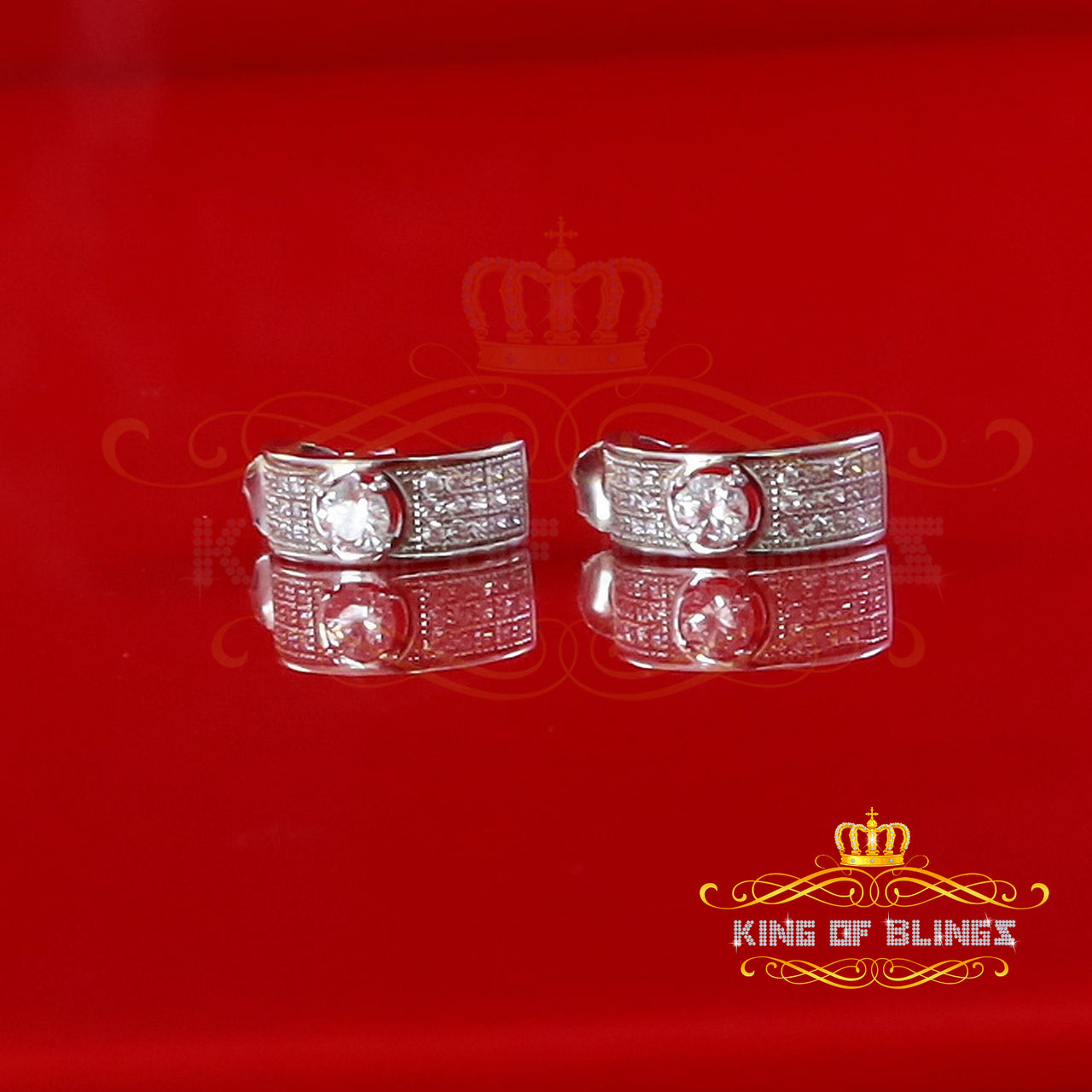King of Bling's Hip hop Mens white Gold 925 Sterling Silver Iced 2 row Huggie Hoop earrings