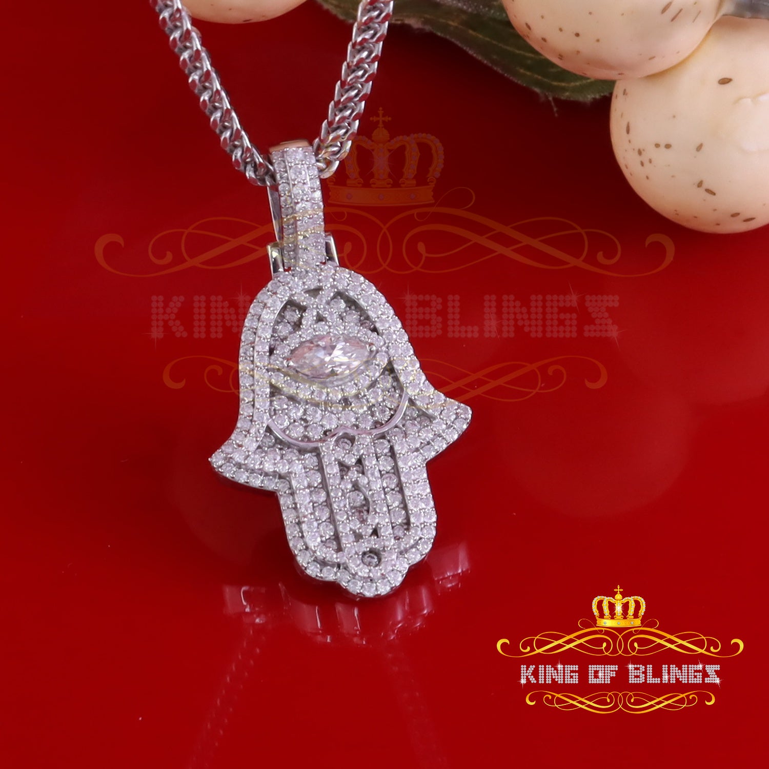 King Of Bling's 3.00ct Moissanite VVS D Baguette 925 Silver White Hamsa Pendant For Women's KING OF BLINGS