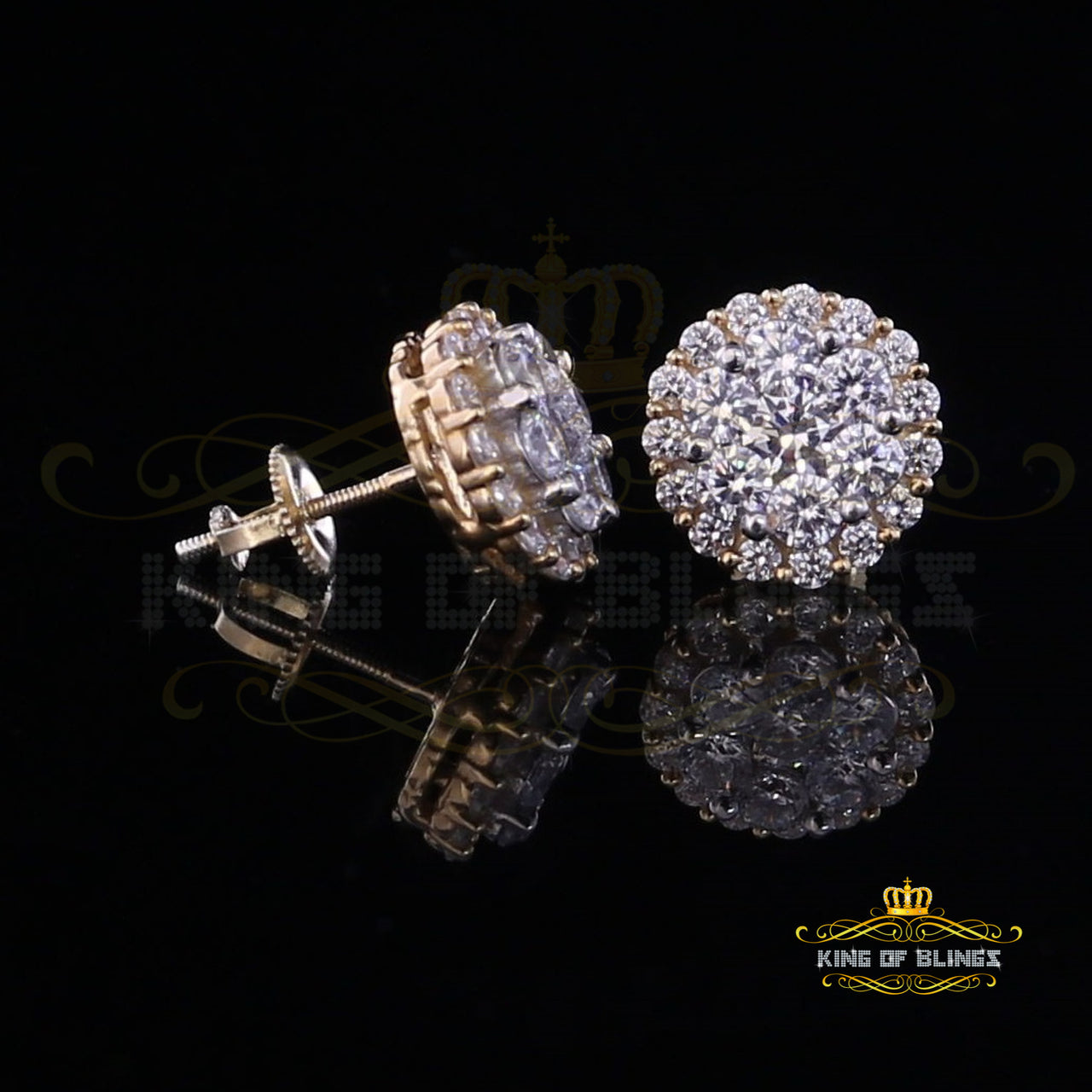 King of Bling's Aretes Para Hombre 925 Yellow Silver 1.49ct Cubic Zirconia Floral Women Earrings KING OF BLINGS