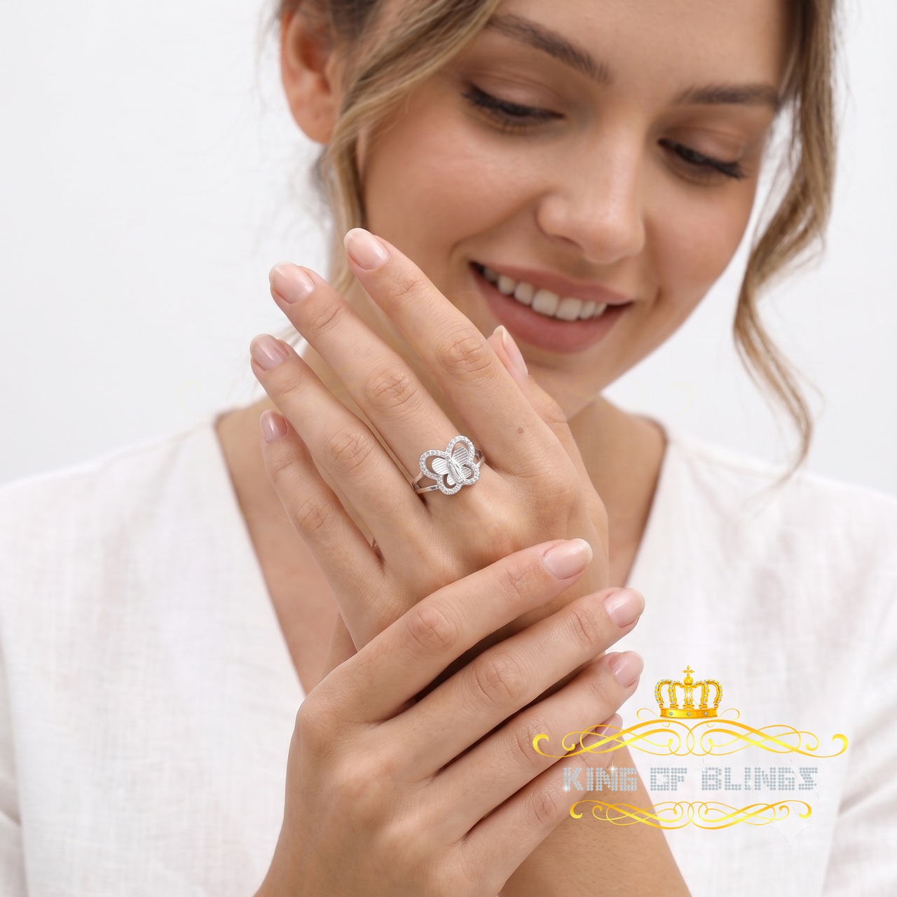 King Of Bling'sReligious White Butterfly 925 Silver CZ Mother Mary Women's Ring Size 9.5