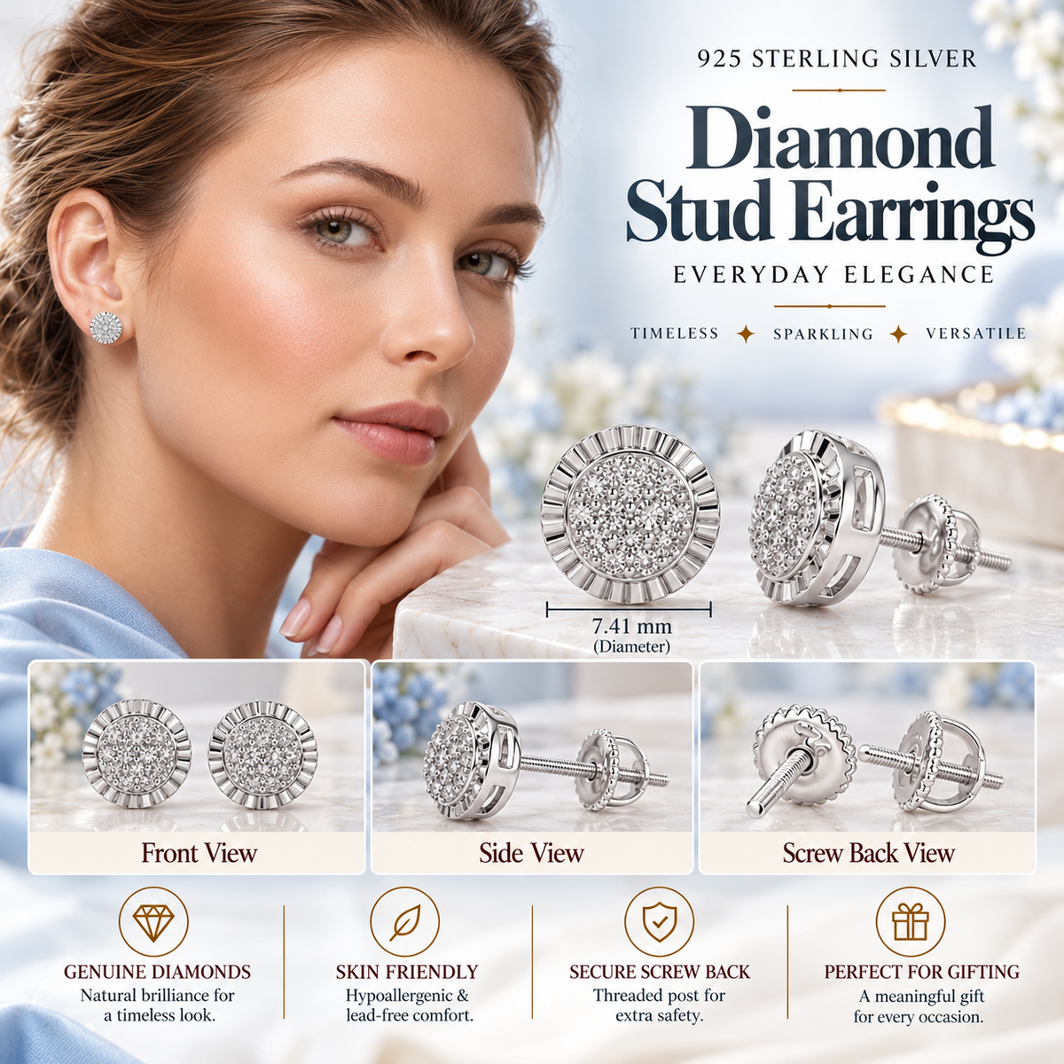 King Of Bling's 925 Sterling White Silver 0.10ct Diamond For Women's & Men's Round Earrings KING OF BLINGS