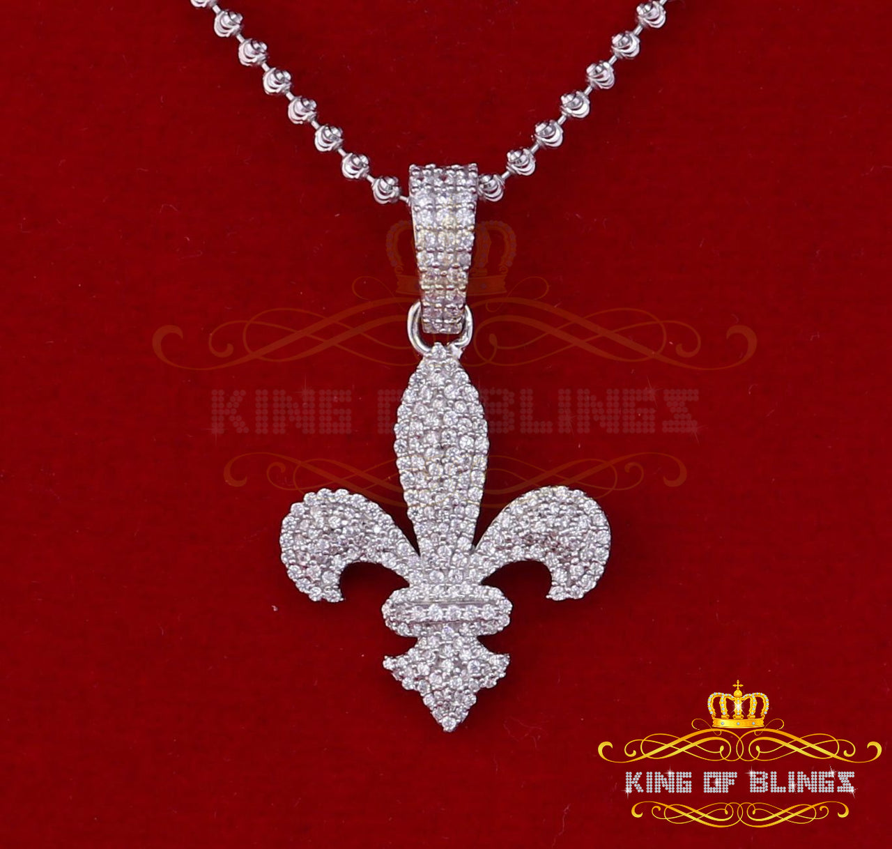 White 925 Sterling Silver Fleur de Lis Shape Pendant with 1.89ct Cubic Zirconia KING OF BLINGS