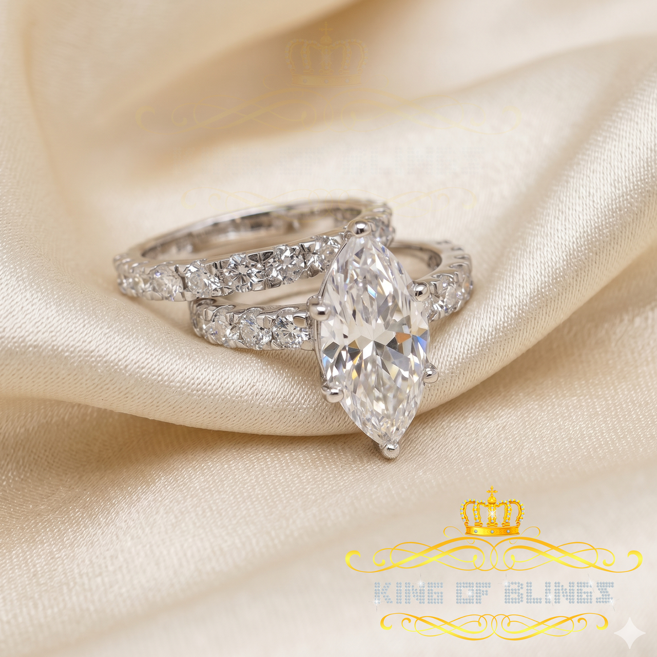 King of Bling's White 8.00ct Moissanite 925 Silver Mens/Women Bridal Rings Marquise Shape Size 8 KING OF BLINGS