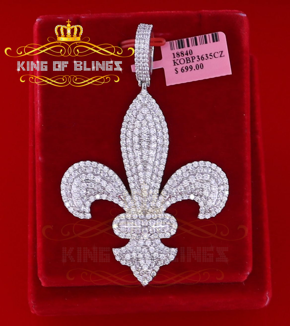 White925 Sterling Silver Fleur de Lis fancy Shape Pendant 16.56ct Cubic Zirconia KING OF BLINGS