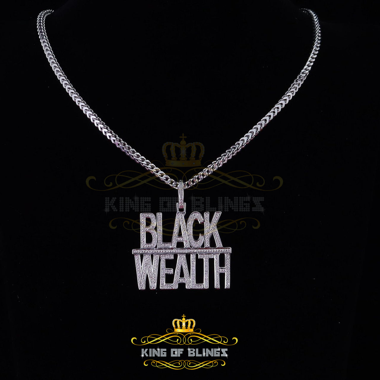 King Of Bling's Real 0.33ct Diamond 925 Sterling Silver Fashion BLACK WEALTH White Pendant