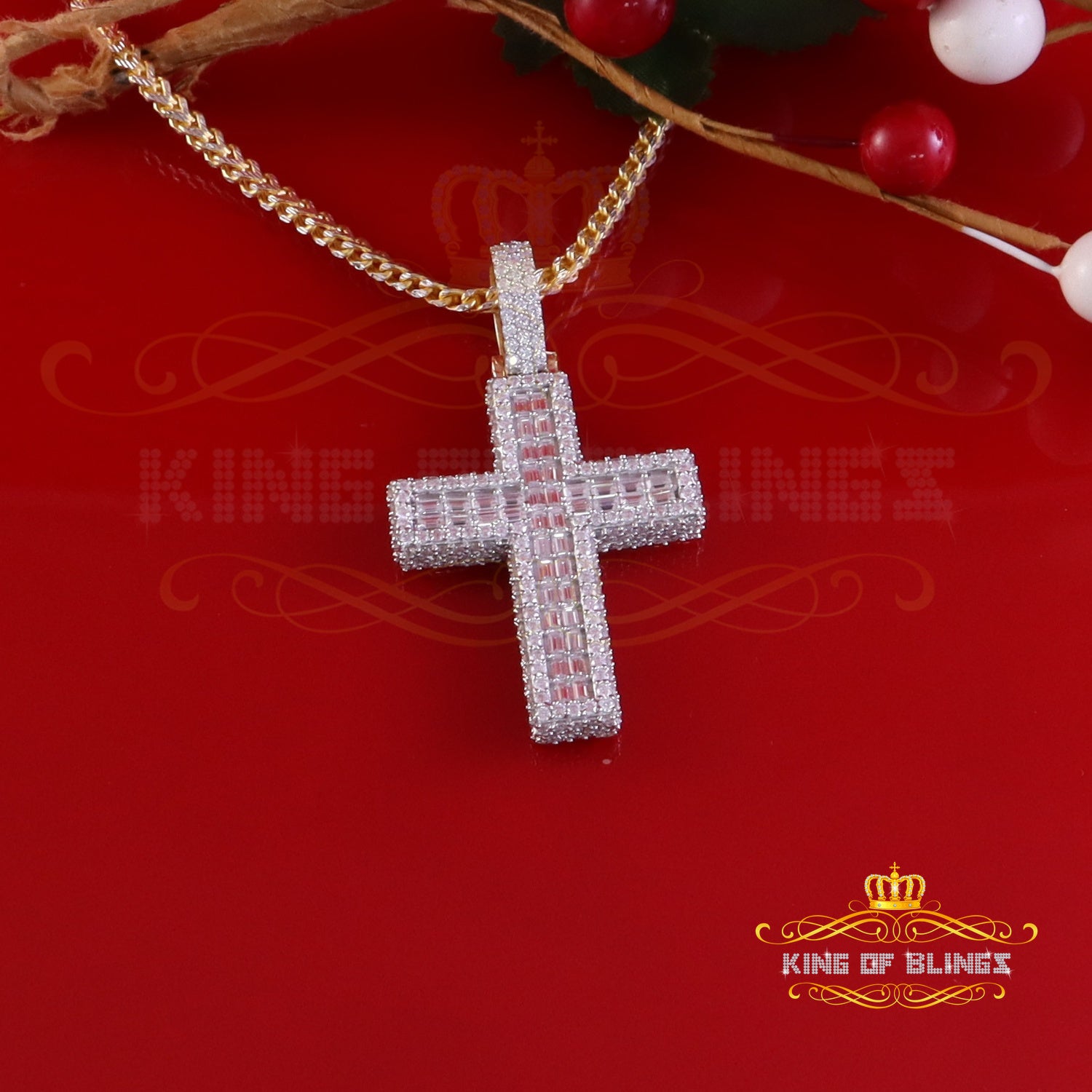 King Of Bling's 925 Sterling Yellow Silver 7.50ct VVS D Clr.Moissanite Cross Pendant Men/ Women. KING OF BLINGS