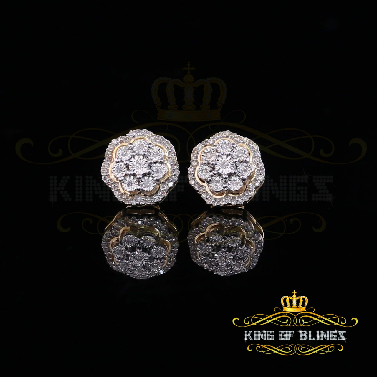 King Of Bling's 10K Real Yellow Gold Real Diamond 0.25CT Men's/Women's Floral Stud Micro Earring