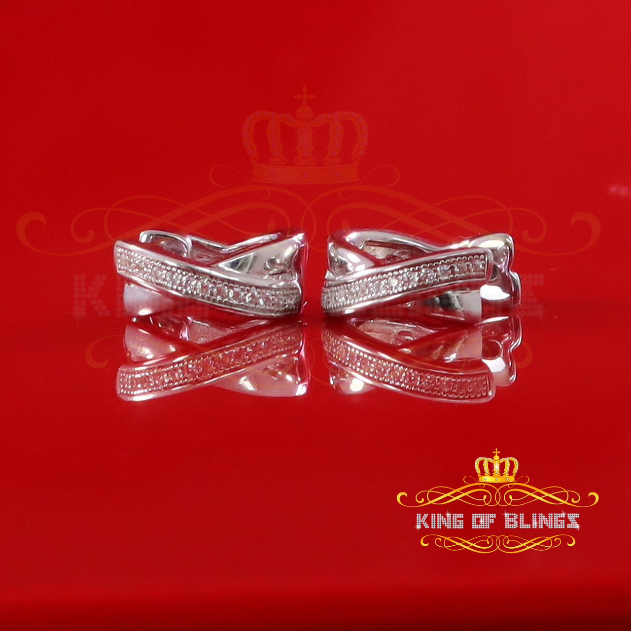 King of Bling's Mens hip hop white Gold 925 Sterling Silver Iced 1 row Huggie Hoop earrings