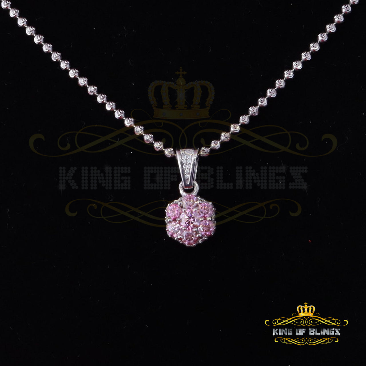 King Of Bling's Women's 925 Silver White 1.50ct VVS D Pink Moissanite 7 Stone floral 3D Pendant