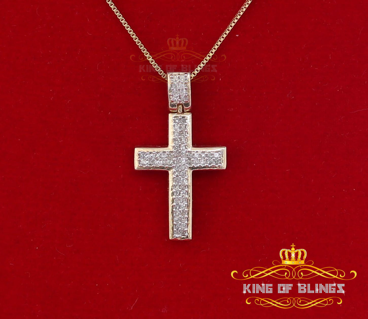 King Of Bling's Real 0.33ct Diamond 925 Sterling Silver CROSS Charm Necklace Yellow Pendant