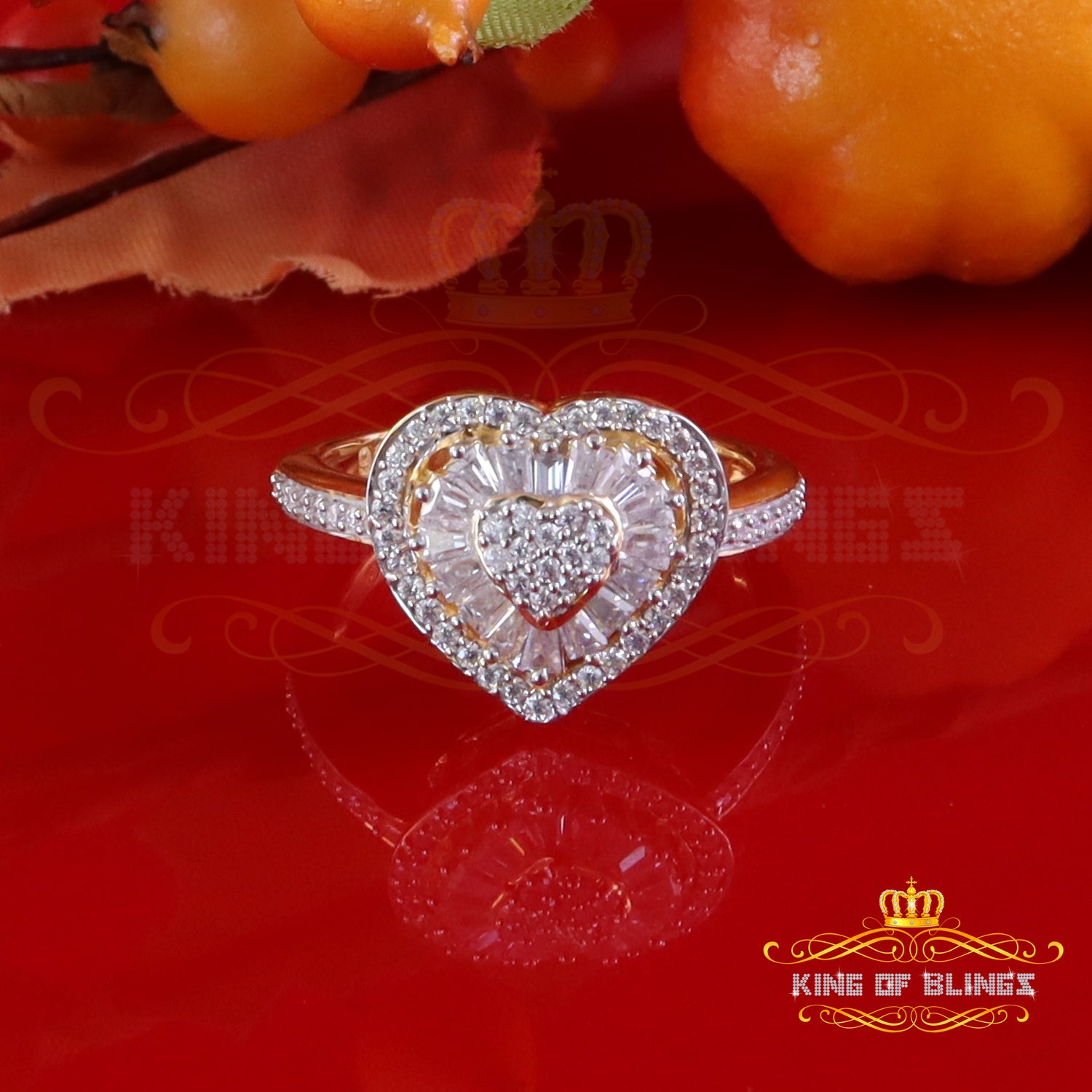 King of Bling's Women's 925 Yellow Silver 1.00ct VVS 'D' Baguette Moissanite Heart Ring Size 7 King of Blings