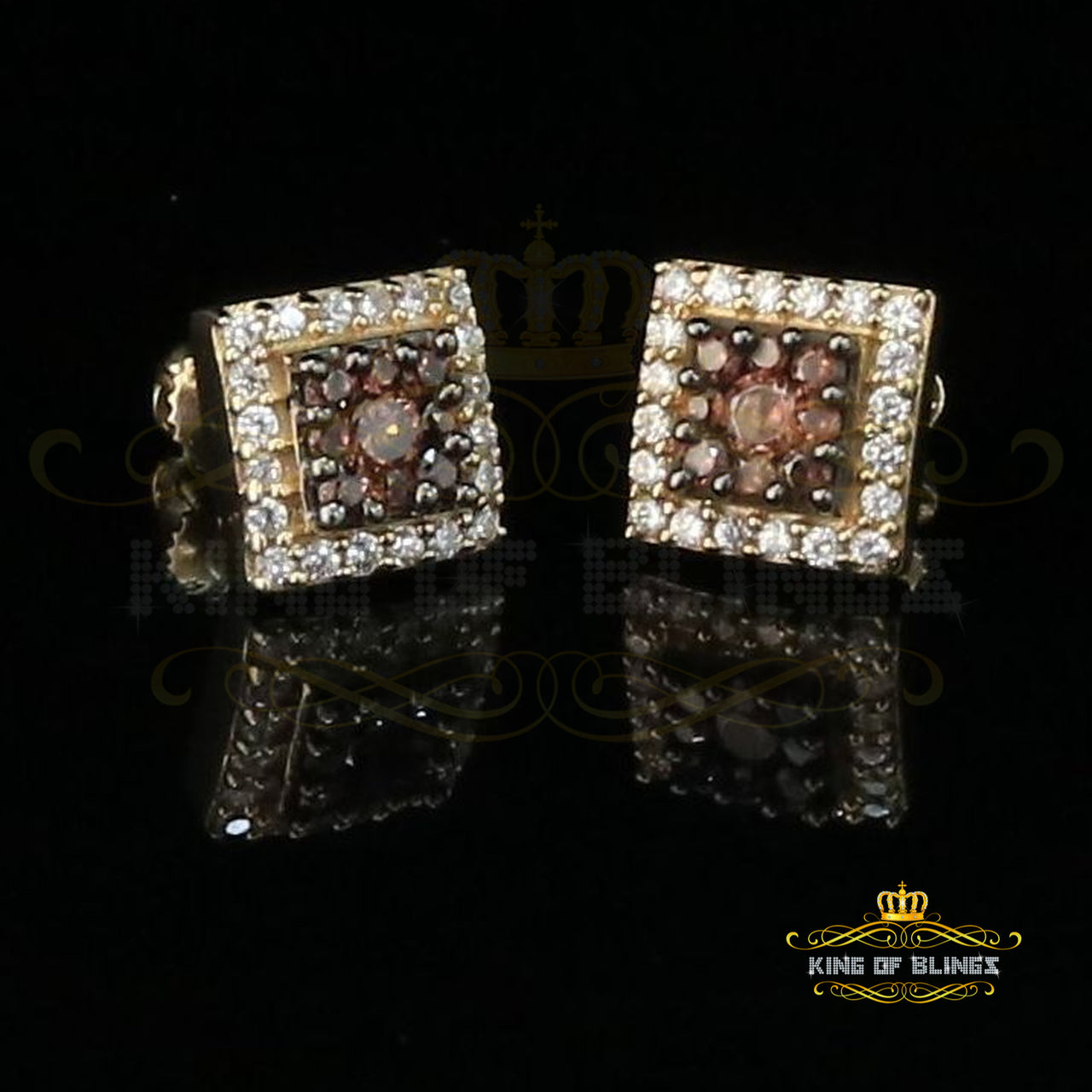 King of Bling's Hip Hop 925 Yellow Silver 1.23ct Cubic Zirconia Women's & Men's Square Earrings KING OF BLINGS