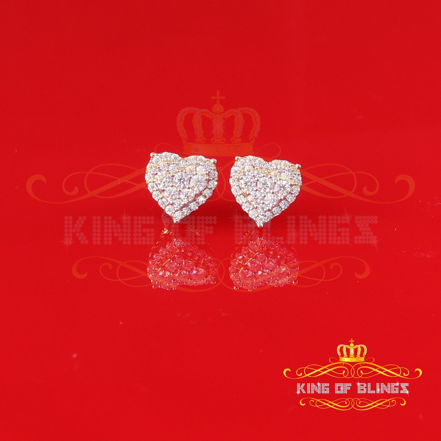 King  of Bling's Men's/Womens 925 Silver Yellow 1.25ct VVS 'D' Moissanite 3D Heart Stud Earrings KING OF BLINGS