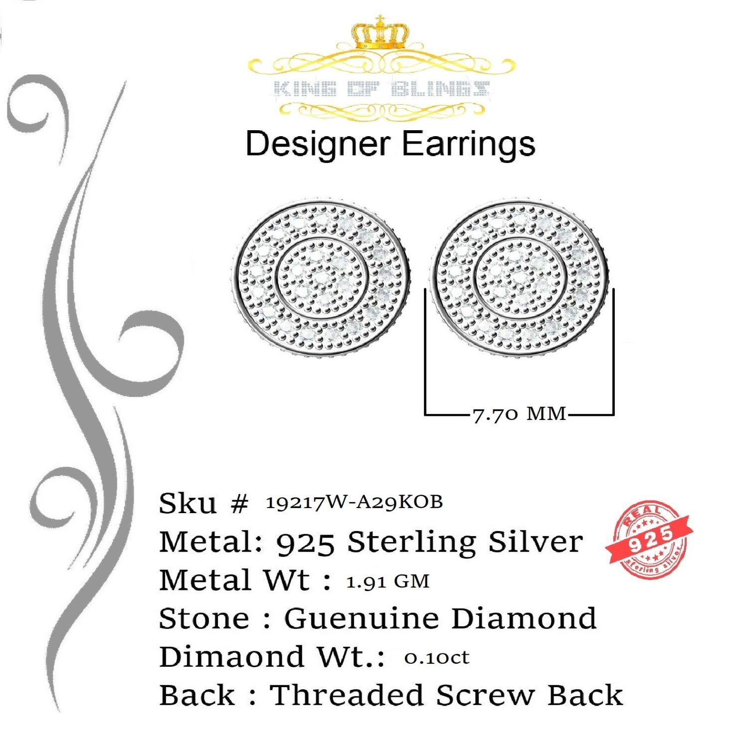 King Of Bling's 0.10ct Diamond 925 Sterling Silver White For Men's / Women's Round Style Earring KING OF BLINGS