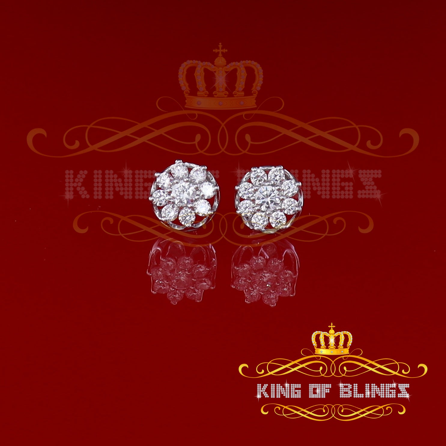 King of Blings- 1.94ct Cubic Zirconia 925 White Sterling Silver Women's Hip Hop Flower Earrings KING OF BLINGS