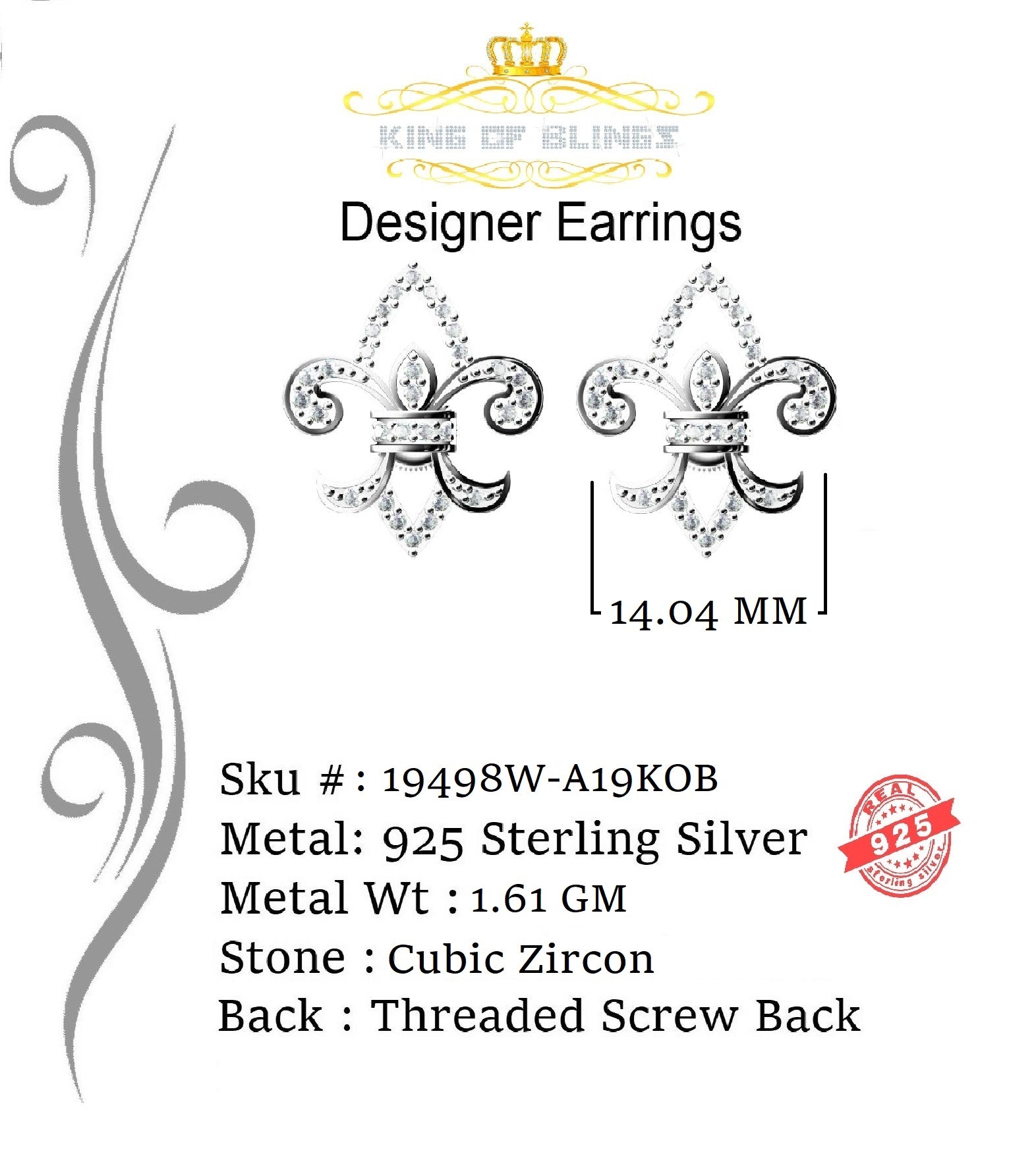 King of Blings- 925 White Silver 0.60ct Cubic Zirconia Fleur de Lis Screw Back Women's Earrings KING OF BLINGS