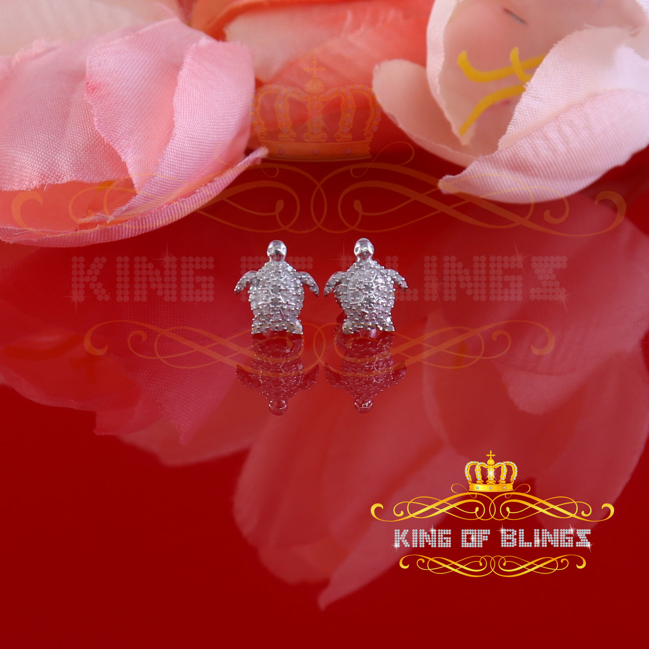 King Of Bling's 925 Sterling White Silver 0.25ct Diamond Turtle Earrings For Women's & Men's