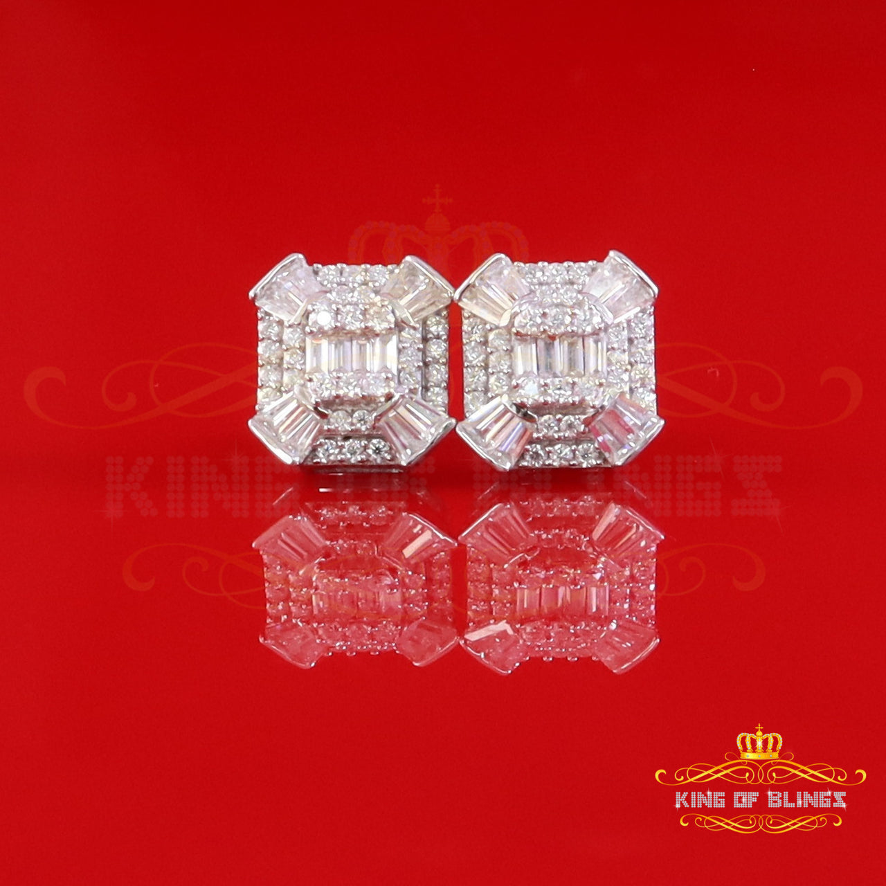 King of Bling's 925 White Silver 1.25ct VVS 'D' Moissanite Rectangle Stud Earring Men's/Womens King of Blings