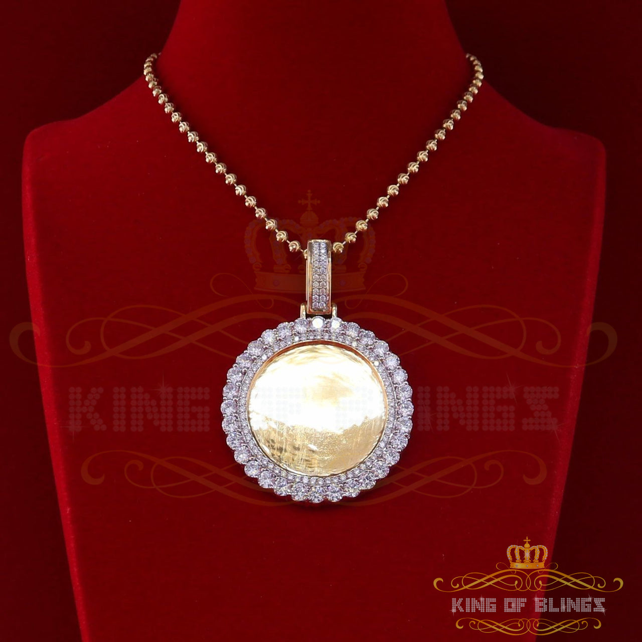 King of Bling's Yellow 1.75" Picture Round Pendant 925 Sterling Silver 15.09ct Cubic Zirconia